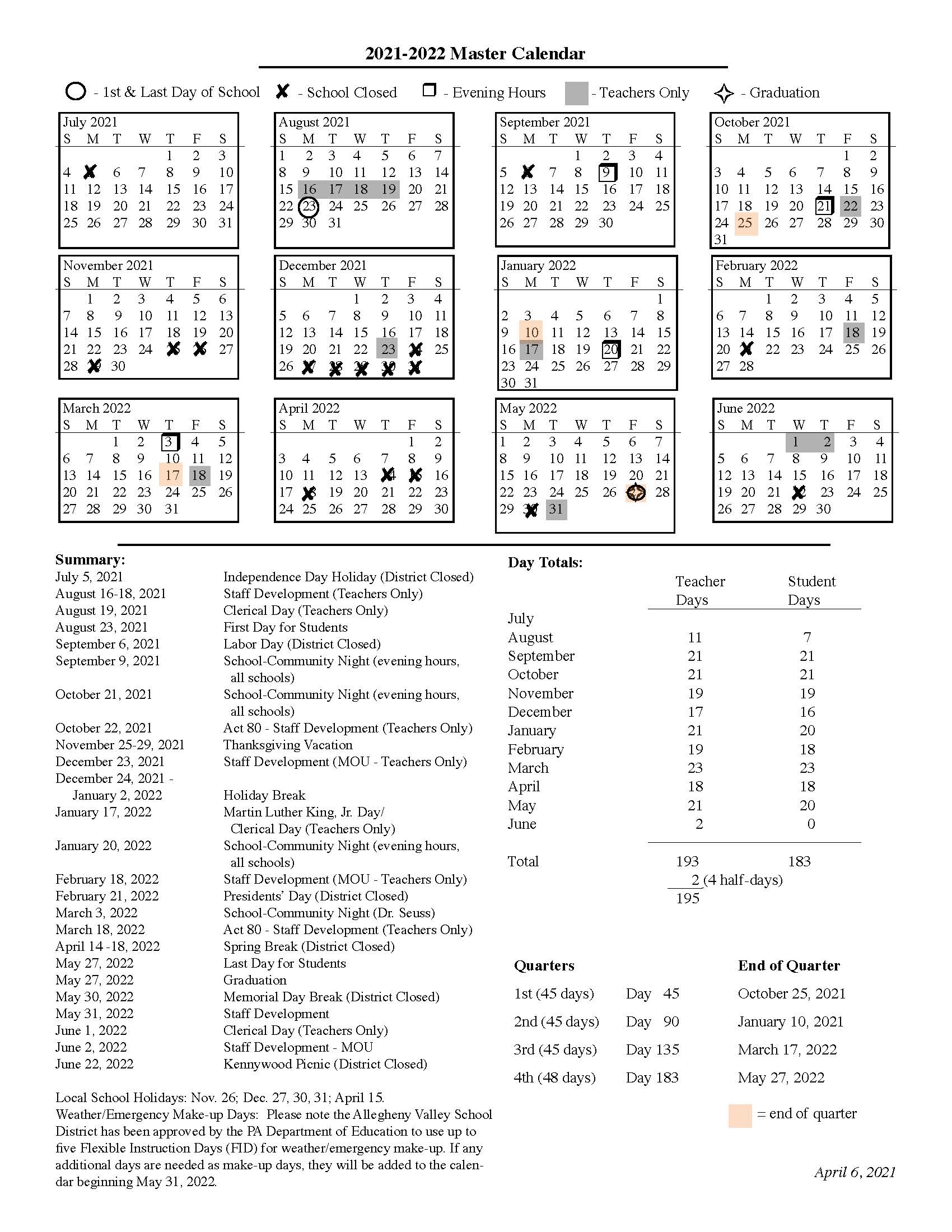 2021-2022 Calendar